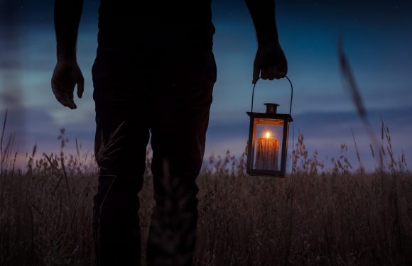 silhouette of person in a grass field at sunset carrying a lantern