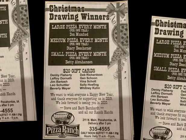 Newspaper Announcement of Pizza and Gift Card Winners in Pocahontas