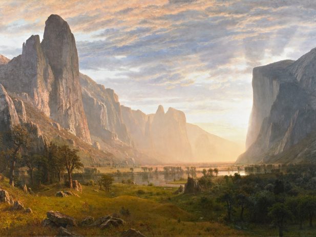 Painting of a obscured sunrise coming through a valley