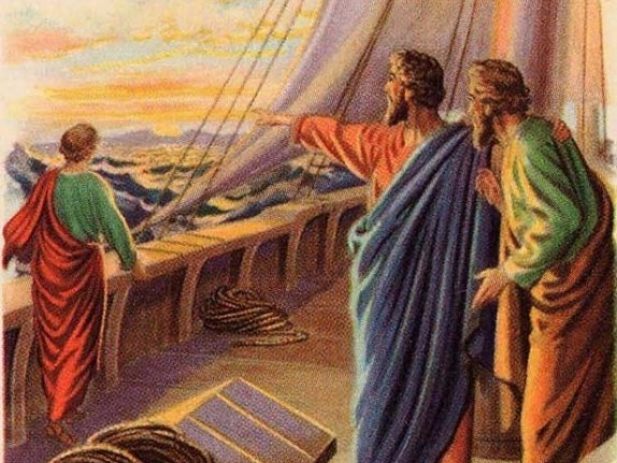 Sketch of Paul and Barnabas on the deck of a Ship