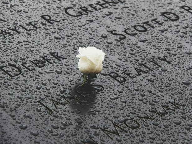 Memorial with white rose on it