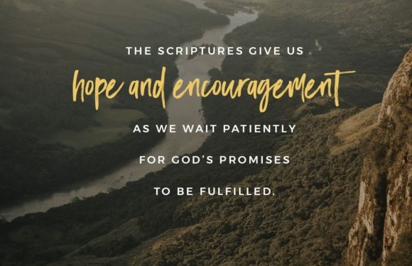 Romans 15:4 with a mountain valley landscape in the background