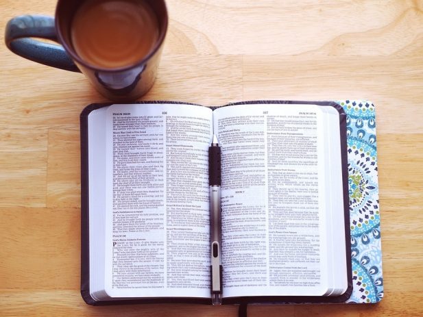 Open Bible, Journal, Cup of Coffee